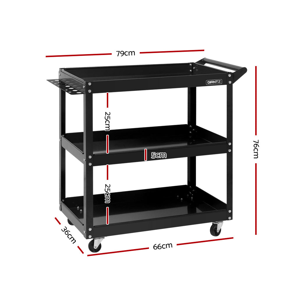 Giantz Tool Cart 3 Tier Parts Steel Trolley Mechanic Storage Organizer Black