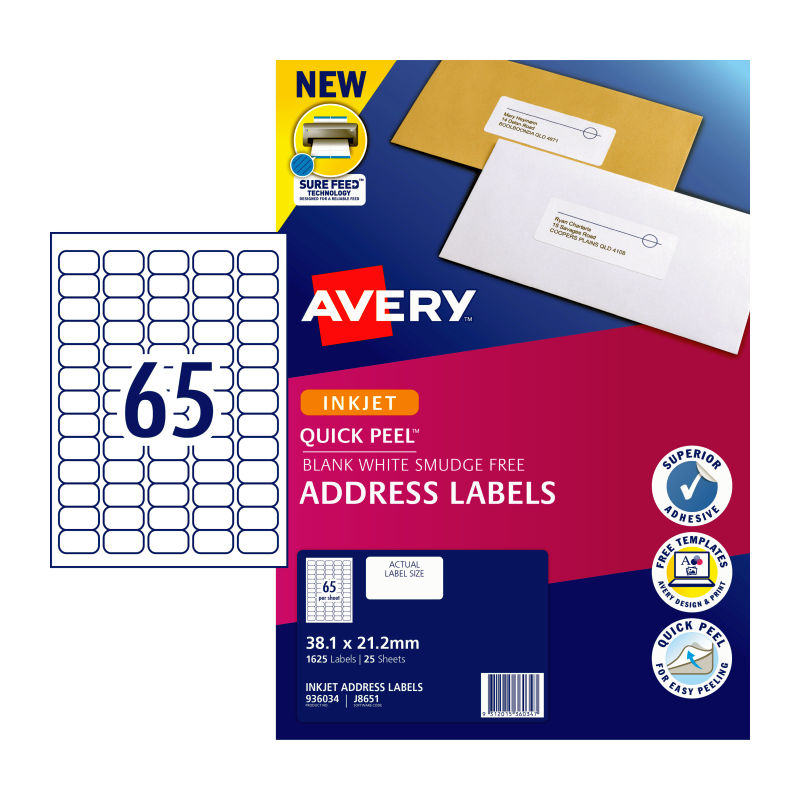 AVERY Label J8651R 65Up Pack of 25