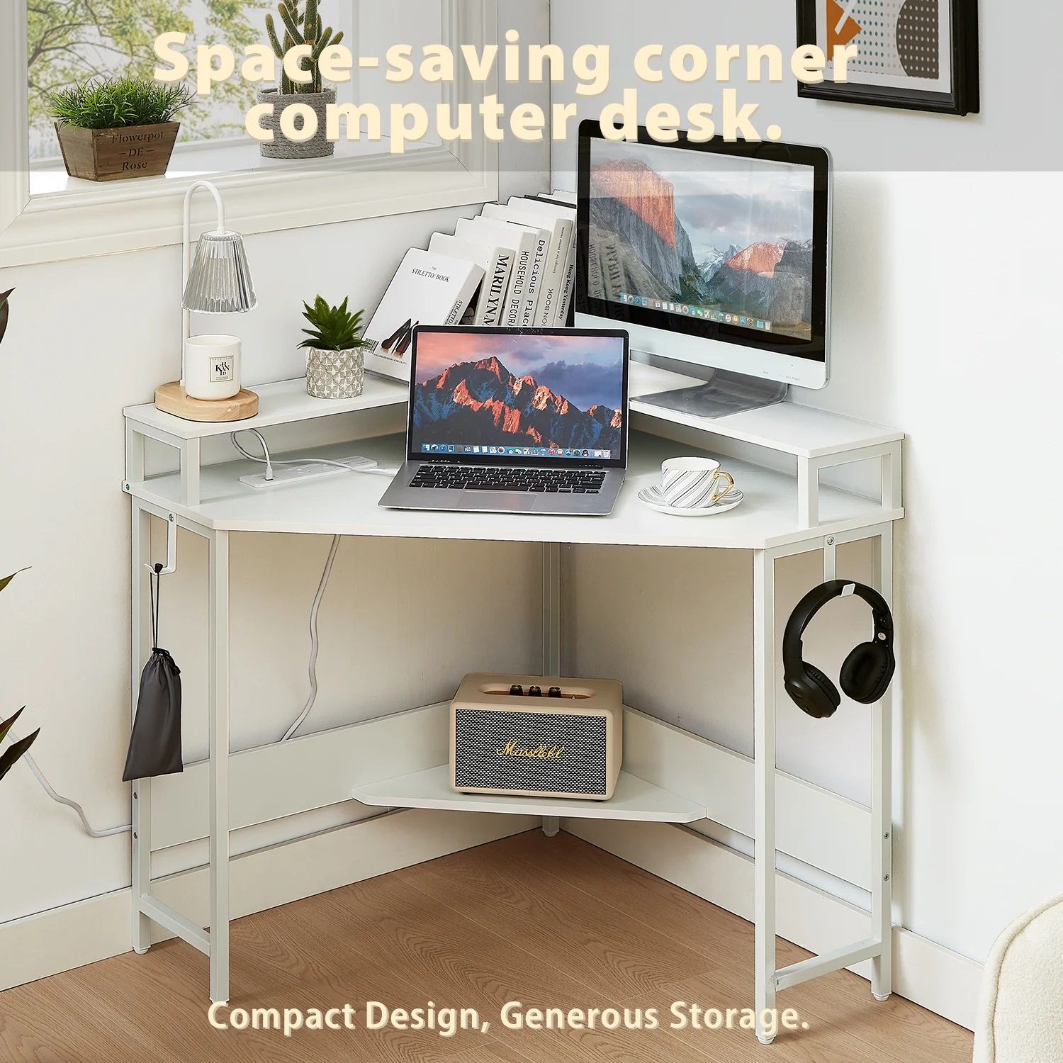 Compact L-Shaped Corner Desk with Built-In Power Board, White