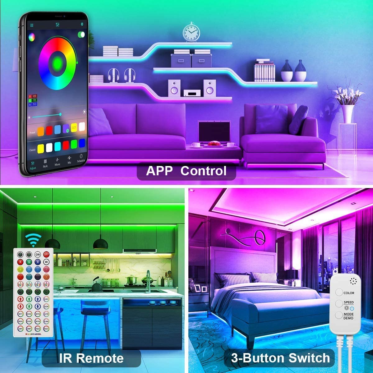 12M LED Strip Lights Rope Light for Bedroom and Home (5050 Lights Strip App with Remote Control)