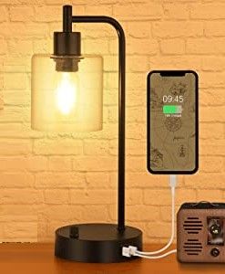 Industrial Table Lamp with 2 USB Port for Bedside Nightstand Desk and Living Room Office (Bulb not Included)