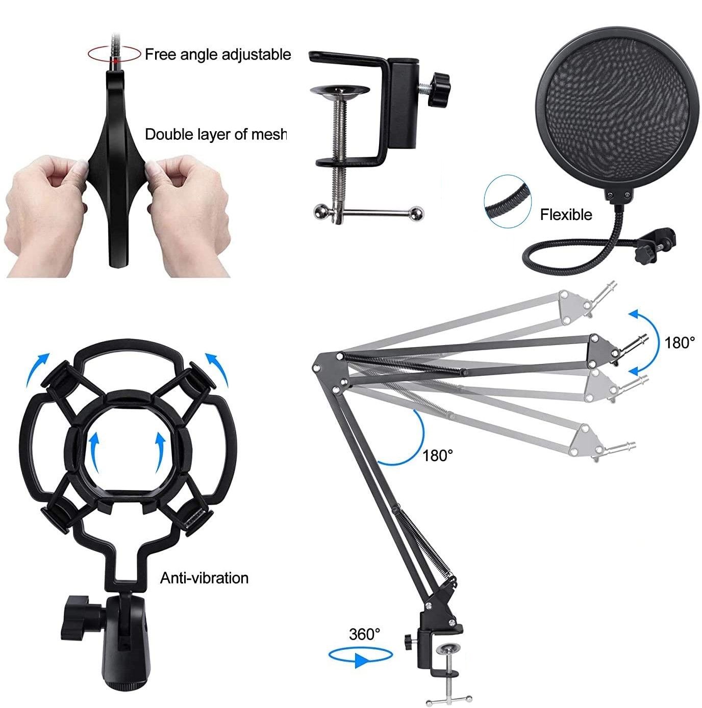 USB Condenser Microphone Kit with Adjustable Scissor Arm Stand Shock Mount for Podcasting, Gaming, Studio and Home Recording