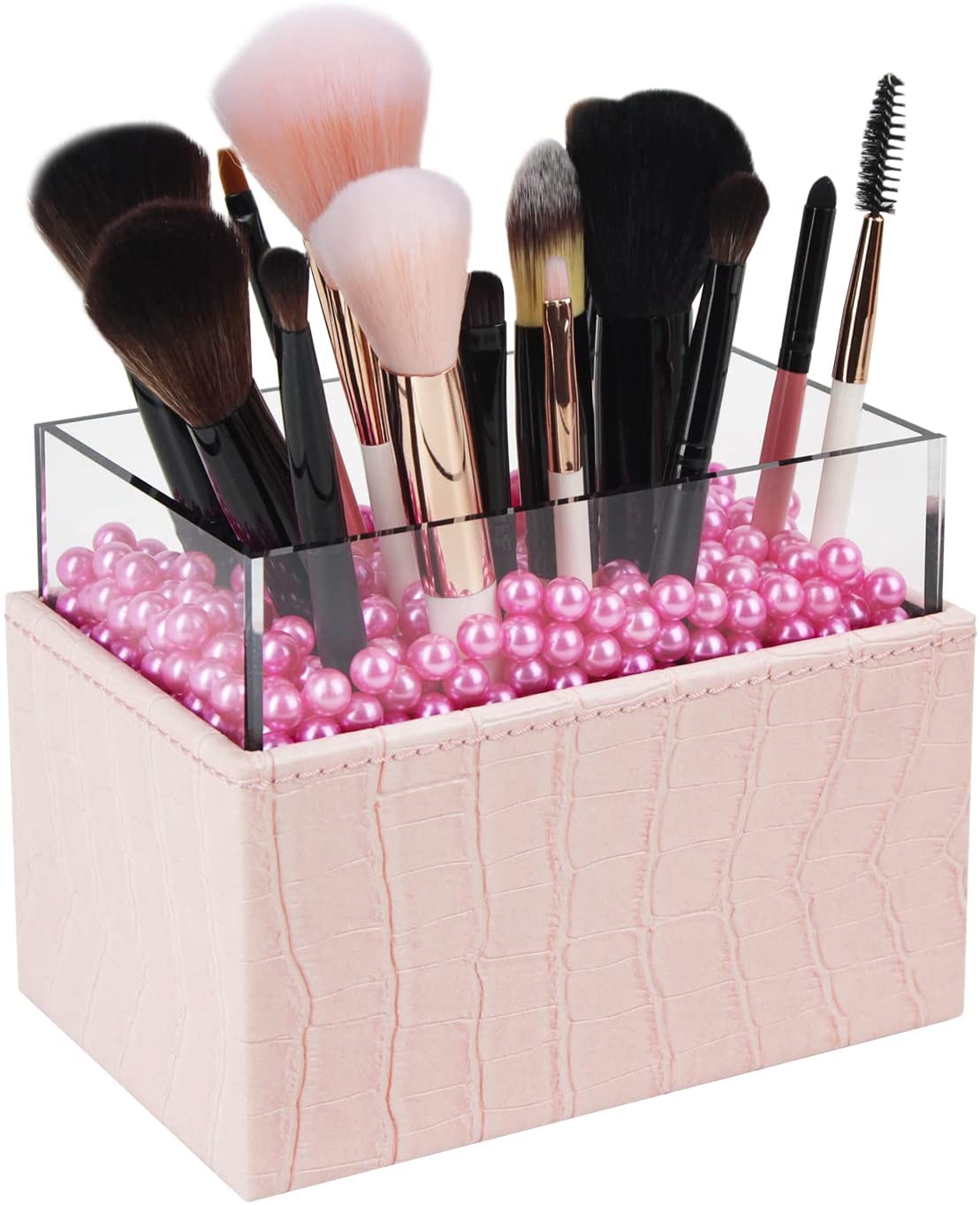 Leather Makeup Brush Cosmetic Organiser Storage Box with Pink Pearls and Acrylic Cover (Pink)