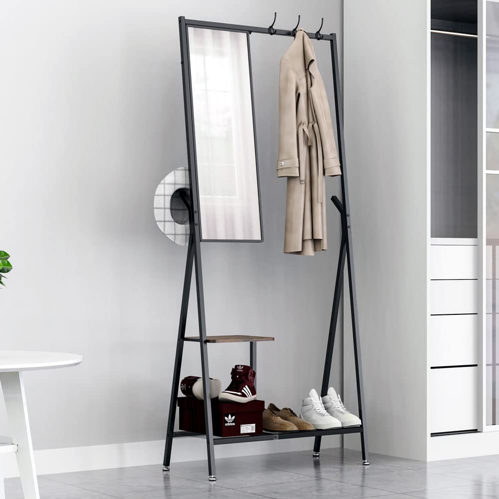 Multifunctional 5 In 1 Coat rack Entryway Hall Tree with Shoe Storage and Dressing Mirror (Black, 190 x 81 cm)