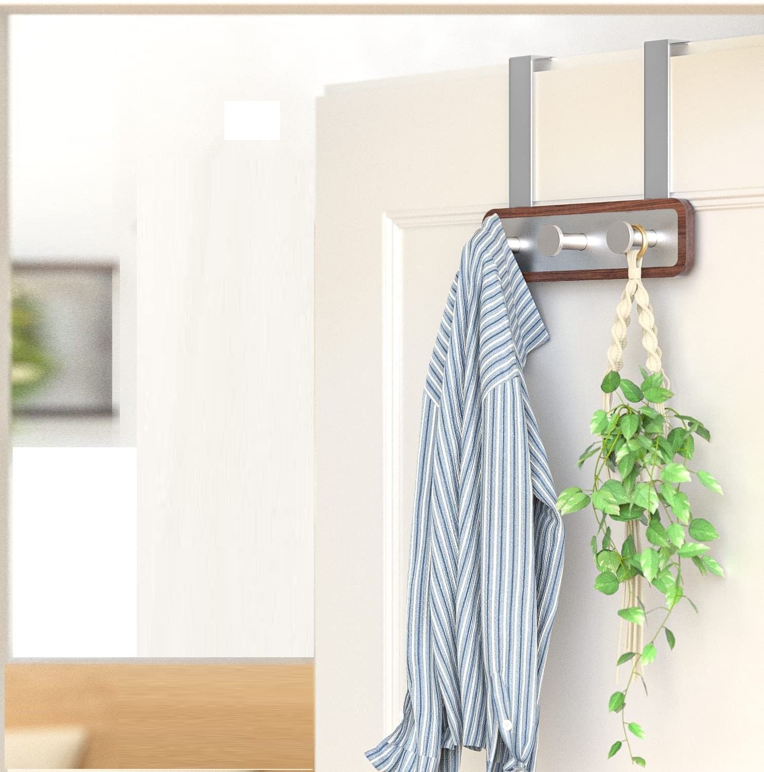 Wood Over The Door Rack Hanger Organiser with 3 Strong Steel Hooks