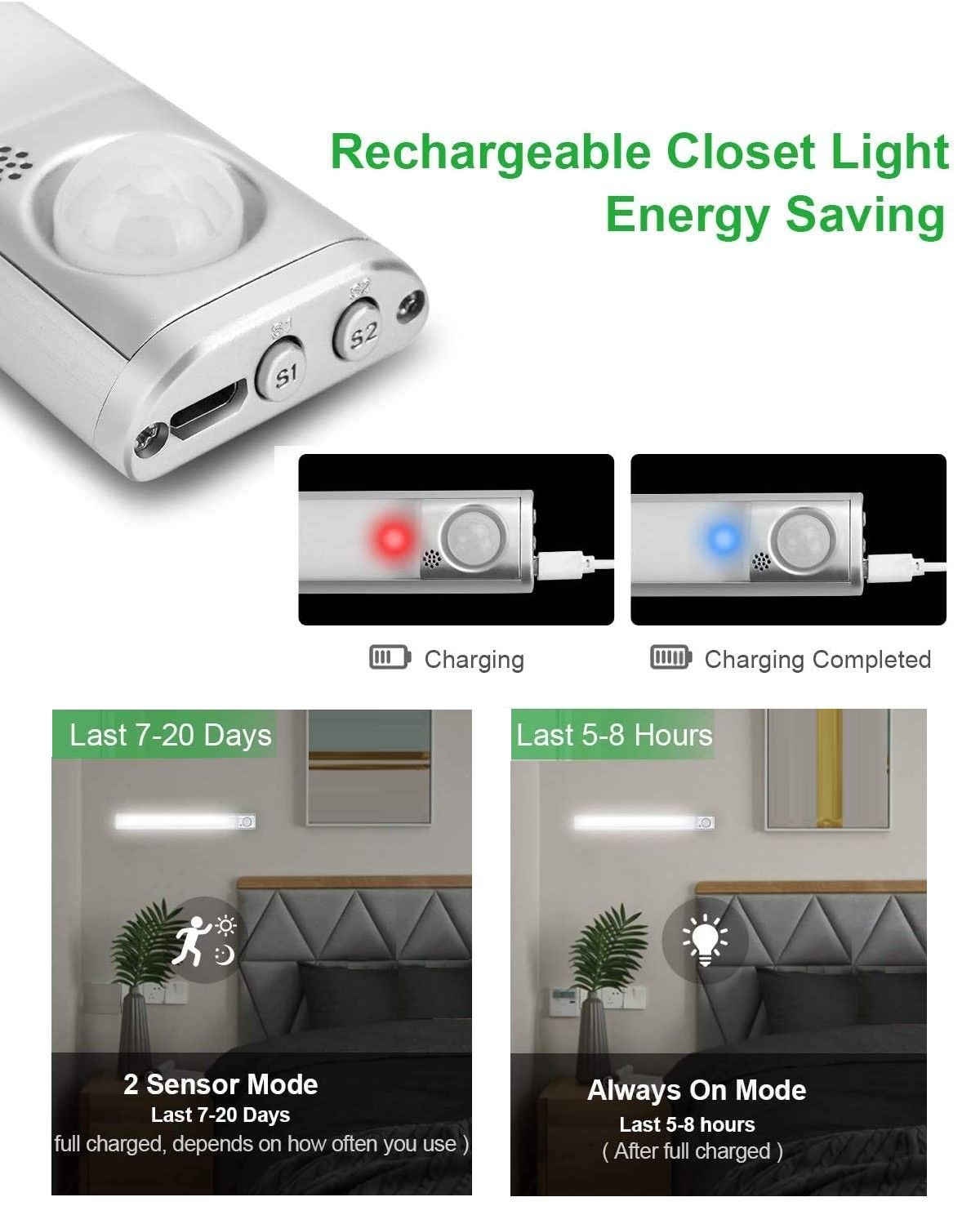 80 LED Motion Closet Sensor Rechargeable Lights for Kitchen and Bedroom (White and Yellow Light)
