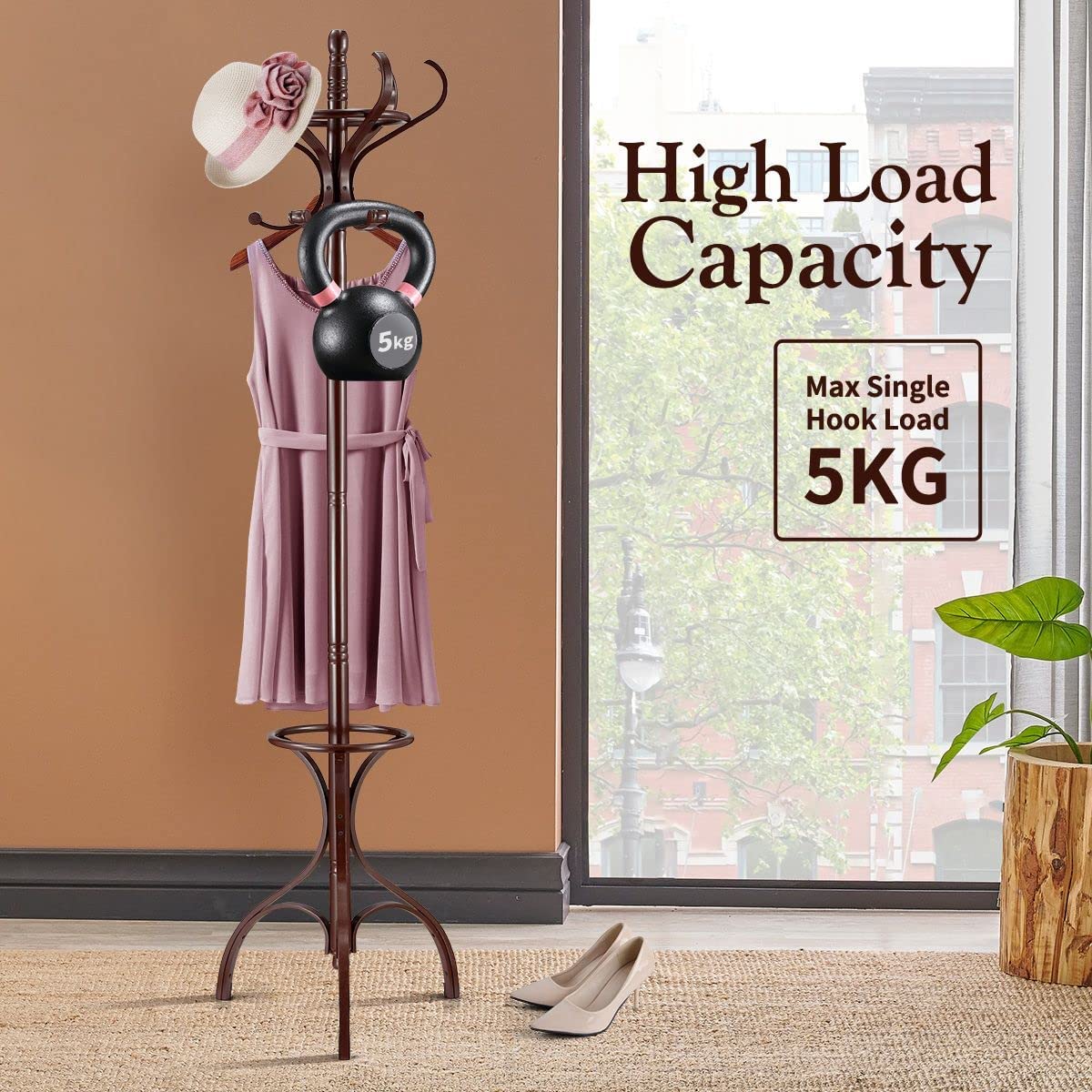 Brown Coat Rack with Stand Wooden Hat and 12 Hooks Hanger Walnut tree