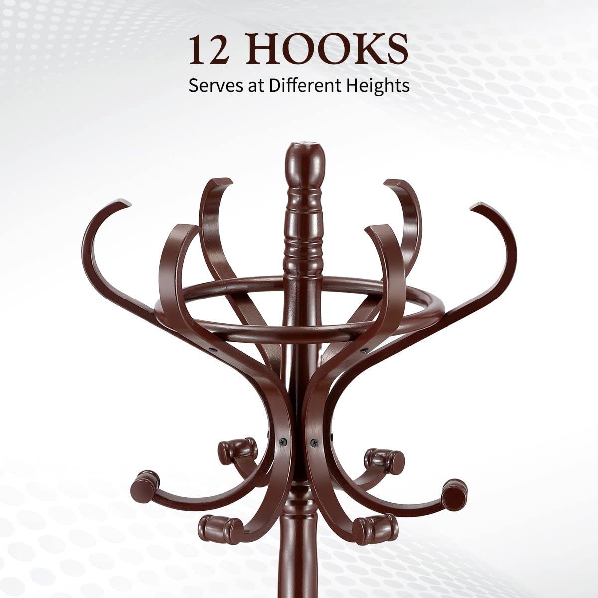 Brown Coat Rack with Stand Wooden Hat and 12 Hooks Hanger Walnut tree