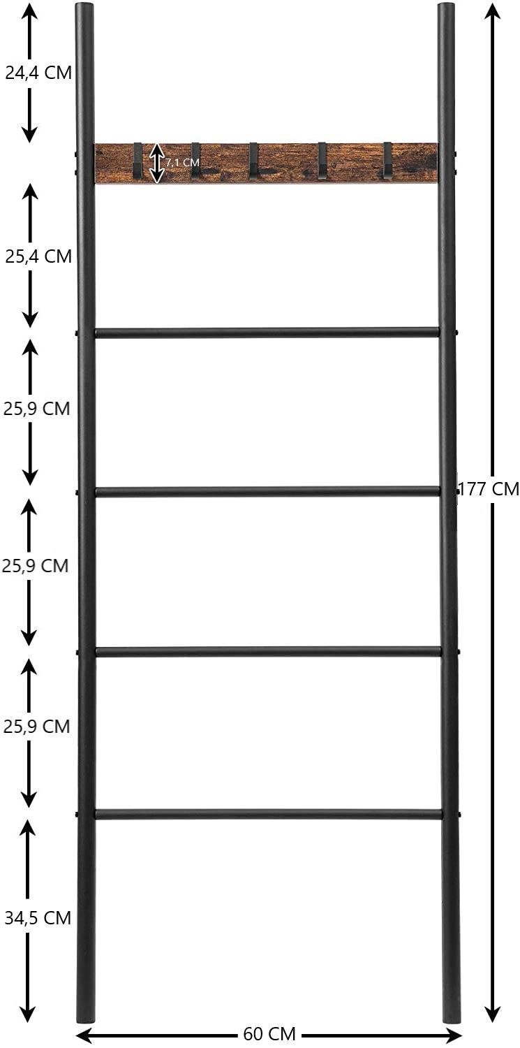 5-Tier Towel Ladder Quilts Rack with 5 Removable Hooks for Bathroom, Bedroom and Laundry Room