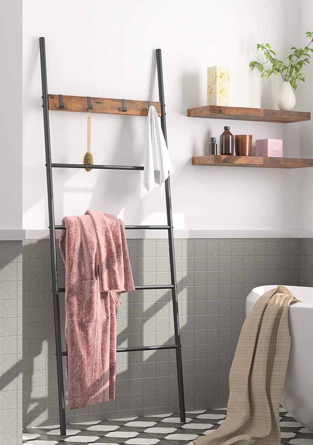 5-Tier Towel Ladder Quilts Rack with 5 Removable Hooks for Bathroom, Bedroom and Laundry Room