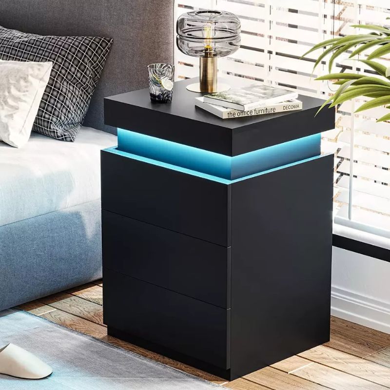 LED Bedside Table High Gloss Nightstand Cabinet with 3-Drawers Black