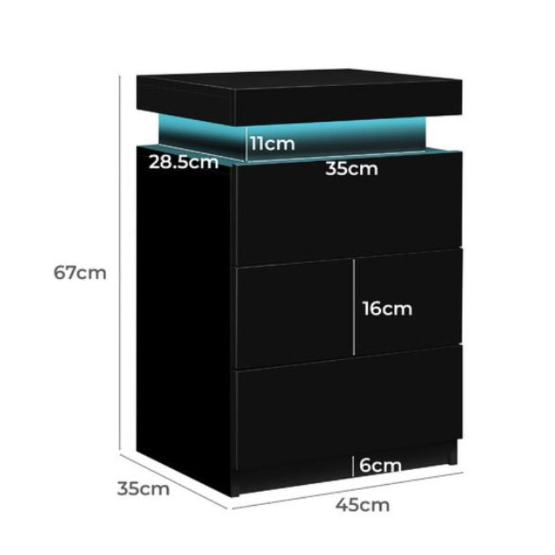 LED Bedside Table High Gloss Nightstand Cabinet with 3-Drawers Black