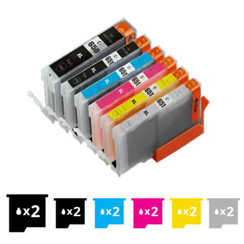 Compatible Premium 12 Pack PGI-650XL CLI-651XL High Yield Inkjet Cartridges [2BK,2PBK,2C,2M,2Y,2GY] - for use in Canon Printers