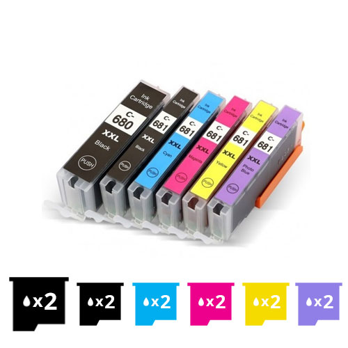 Compatible 12 Pack Canon PGI-680XXL CLI-681XXL Extra High Yield Compatible Inkjet Cartridges Combo [2BK,2PBK,2C,2M,2Y,2PB] - for use in Canon Printers