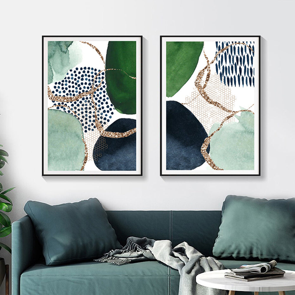 50cmx70cm Abstract Green and Navy 2 Sets Black Frame Canvas Wall Art