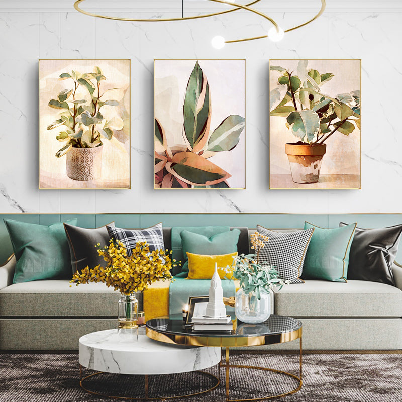 50cmx70cm Botanical Leaves Watercolor Style 3 Sets Gold Frame Canvas Wall Art