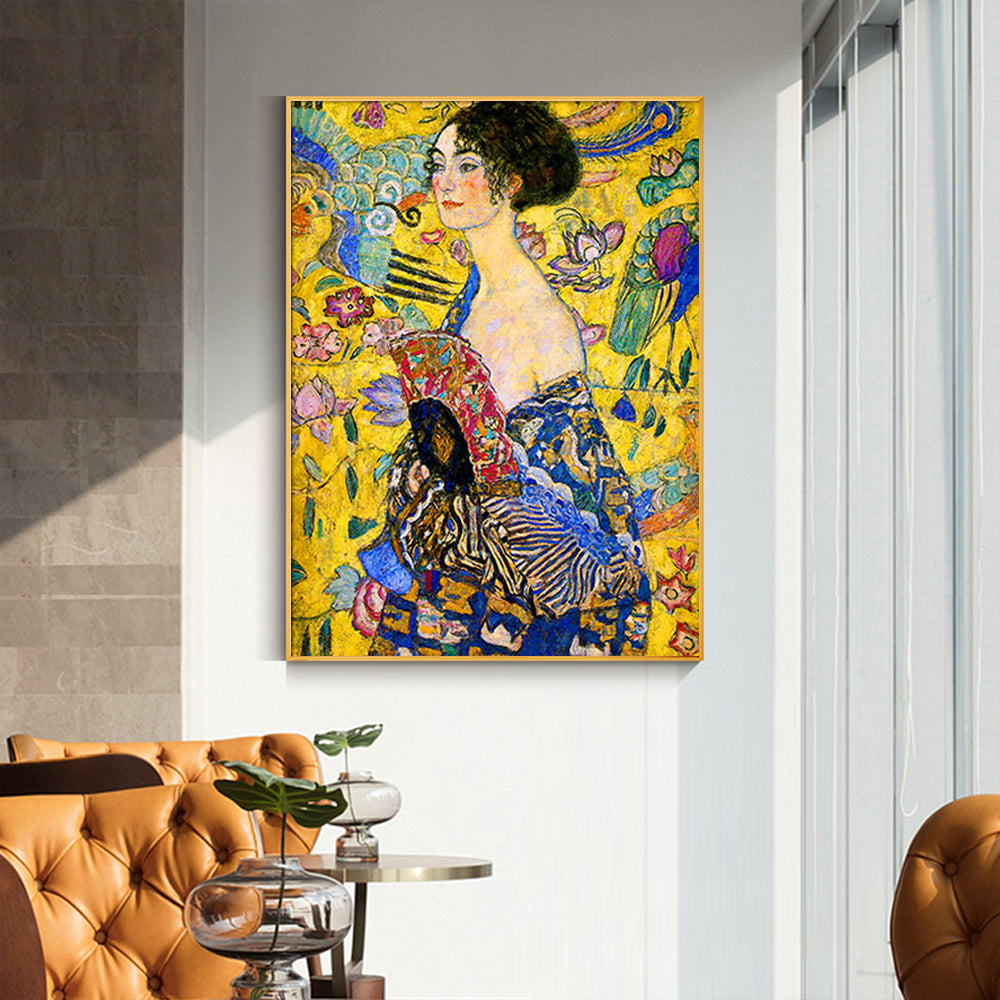 60cmx90cm Lady With A fan By Klimt Gold Frame Canvas Wall Art