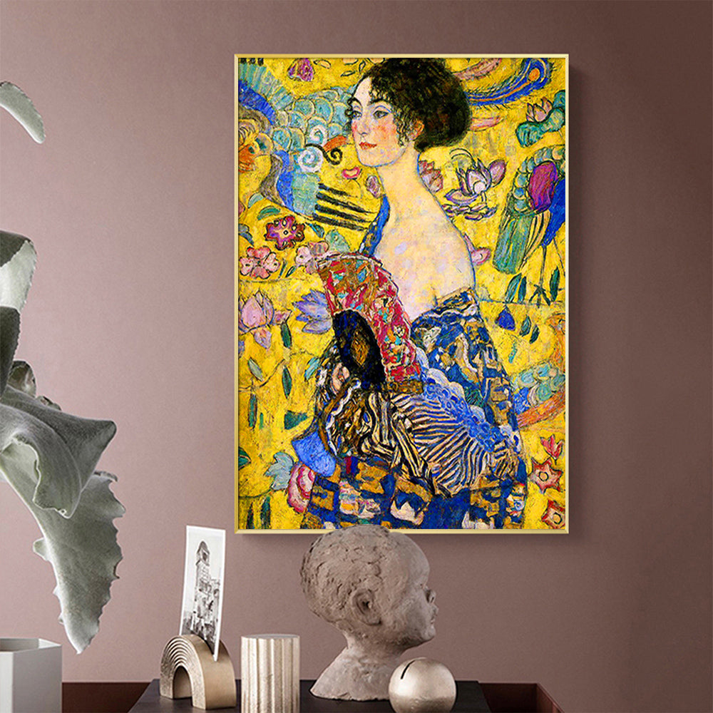 70cmx100cm Lady With A fan By Klimt Gold Frame Canvas Wall Art