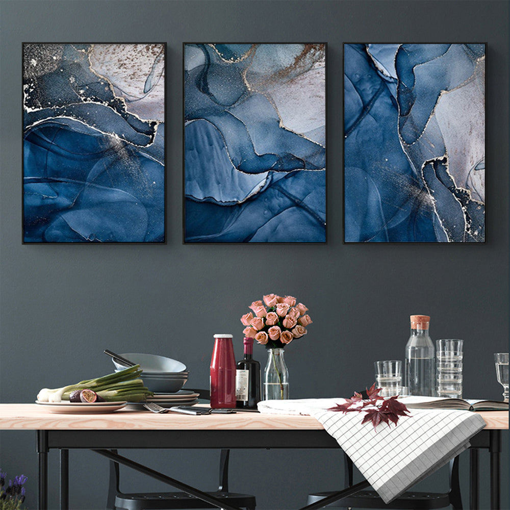 40cmx60cm Blue Gold Marble 3 Sets Black Frame Canvas Wall Art