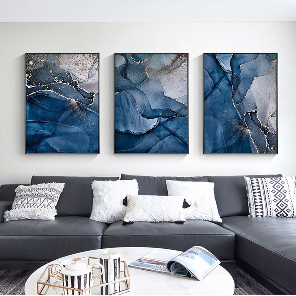 50cmx70cm Blue Gold Marble 3 Sets Black Frame Canvas Wall Art