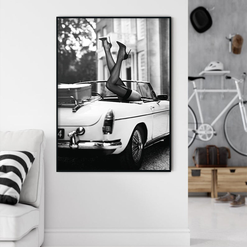 80cmx120cm High Heels in Classic Car Black Frame Canvas Wall Art