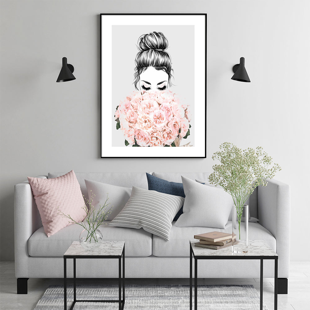 60cmx90cm Roses Girl Black Frame Canvas Wall Art