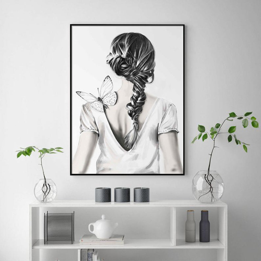 50cmx70cm Woman Back With Butterfly Black Frame Canvas Wall Art