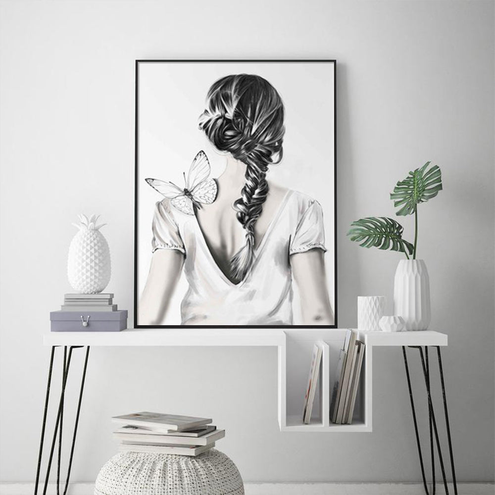 50cmx70cm Woman Back With Butterfly Black Frame Canvas Wall Art