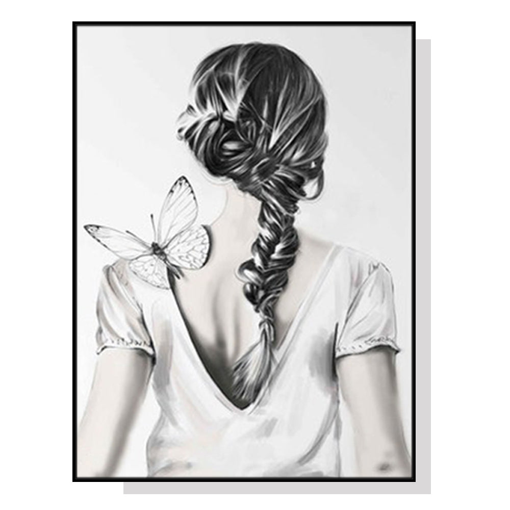 80cmx120cm Woman Back With Butterfly Black Frame Canvas Wall Art