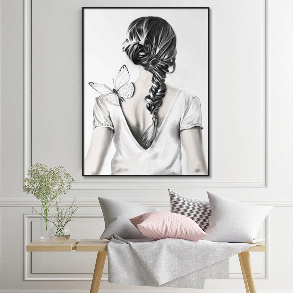 80cmx120cm Woman Back With Butterfly Black Frame Canvas Wall Art