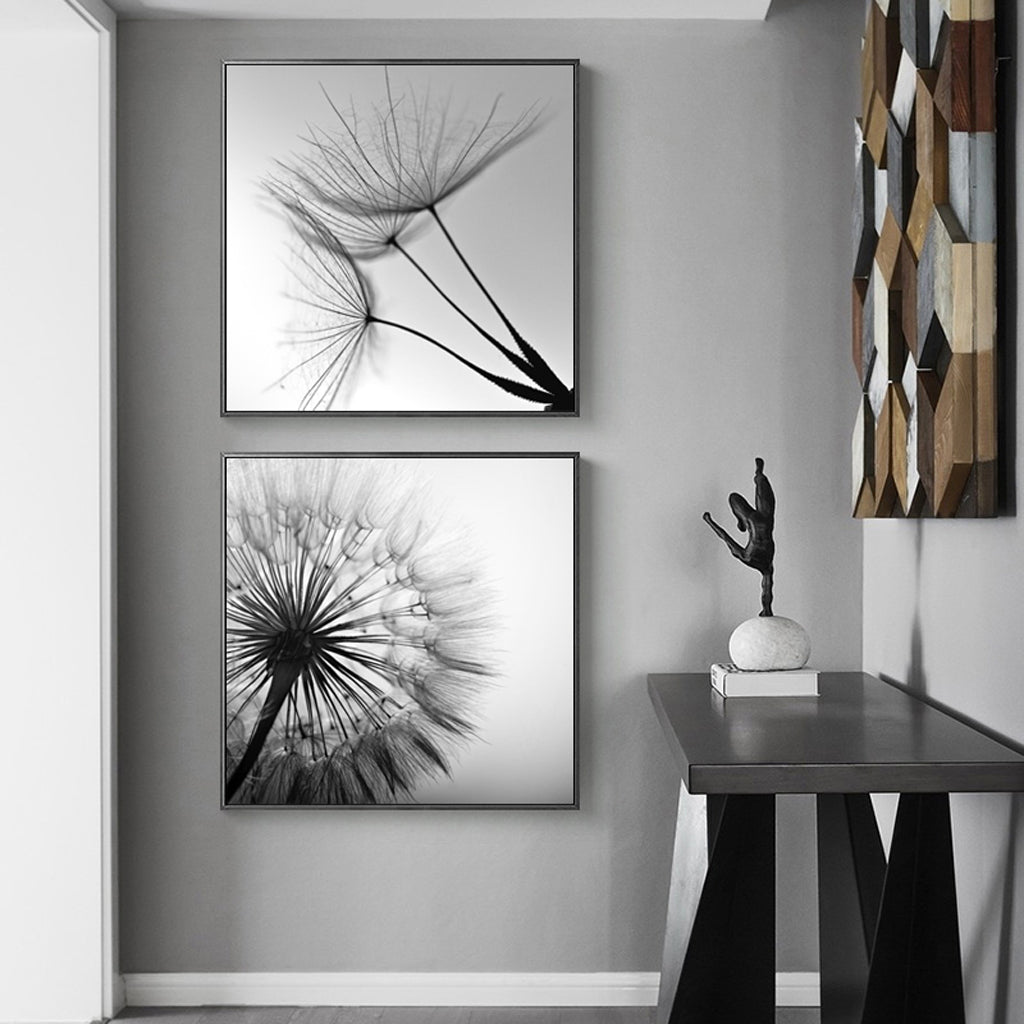 60cmx60cm Black and white dandelion 2 Sets Black Frame Canvas Wall Art