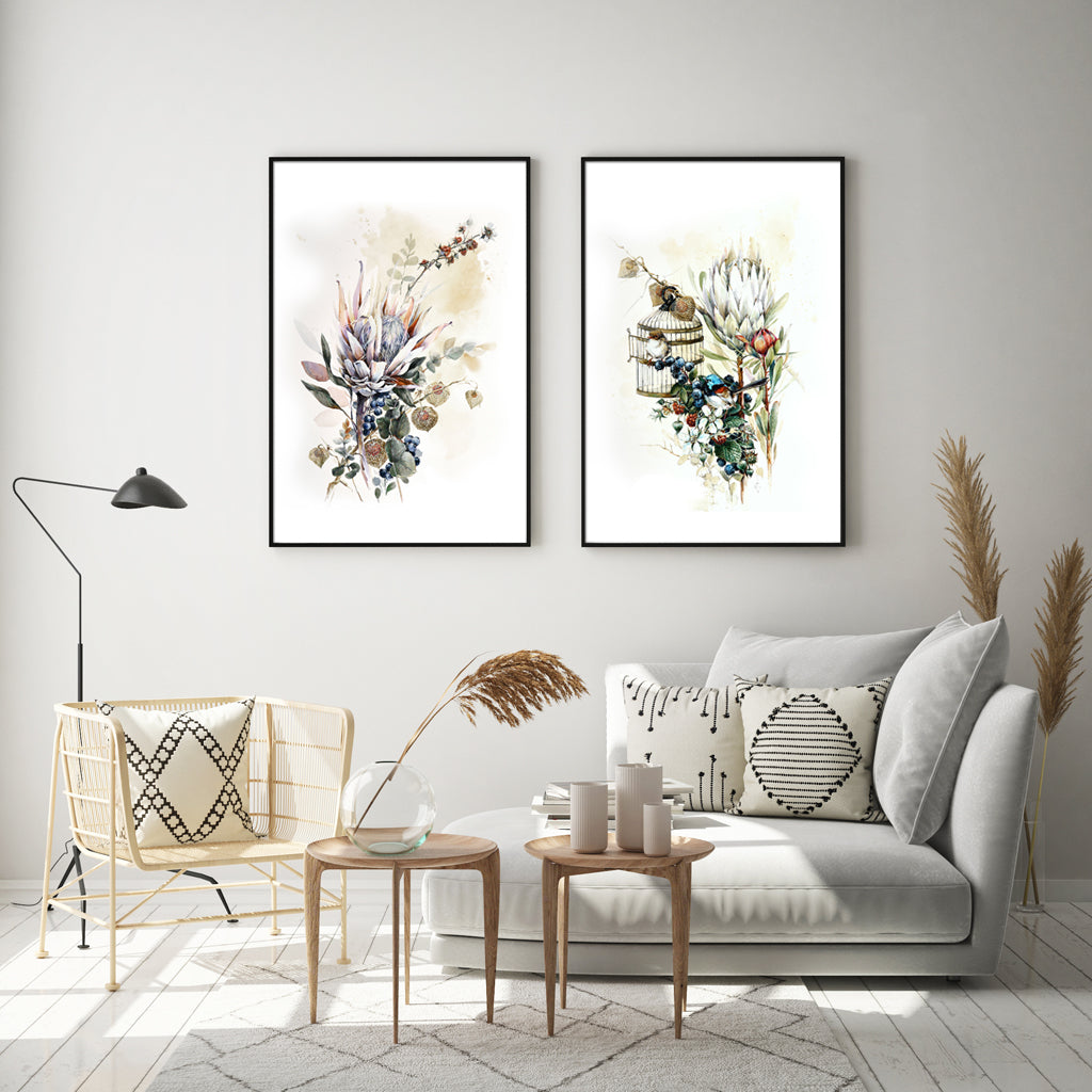 50cmx70cm Berries And Protea 2 Sets Black Frame Canvas Wall Art