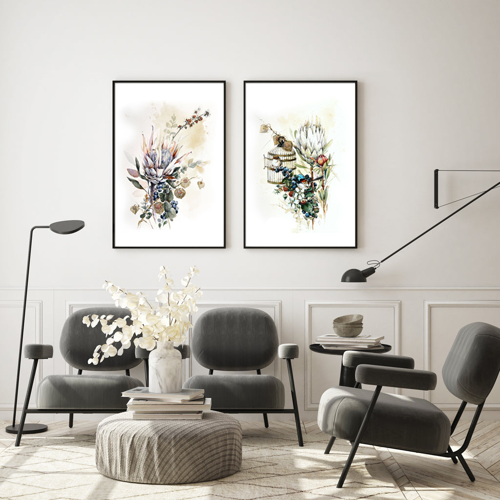 60cmx90cm Berries And Protea 2 Sets Black Frame Canvas Wall Art