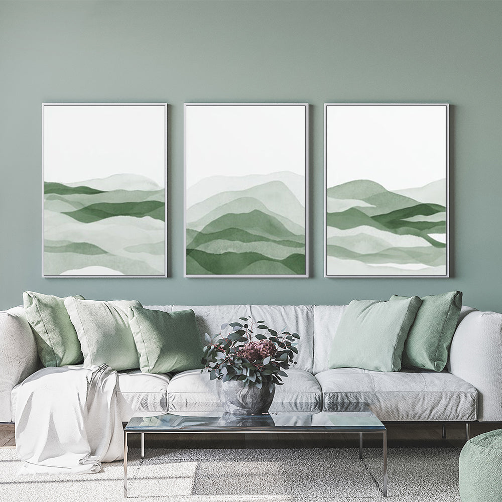 50cmx70cm Sage Green 3 Sets White Frame Canvas Wall Art