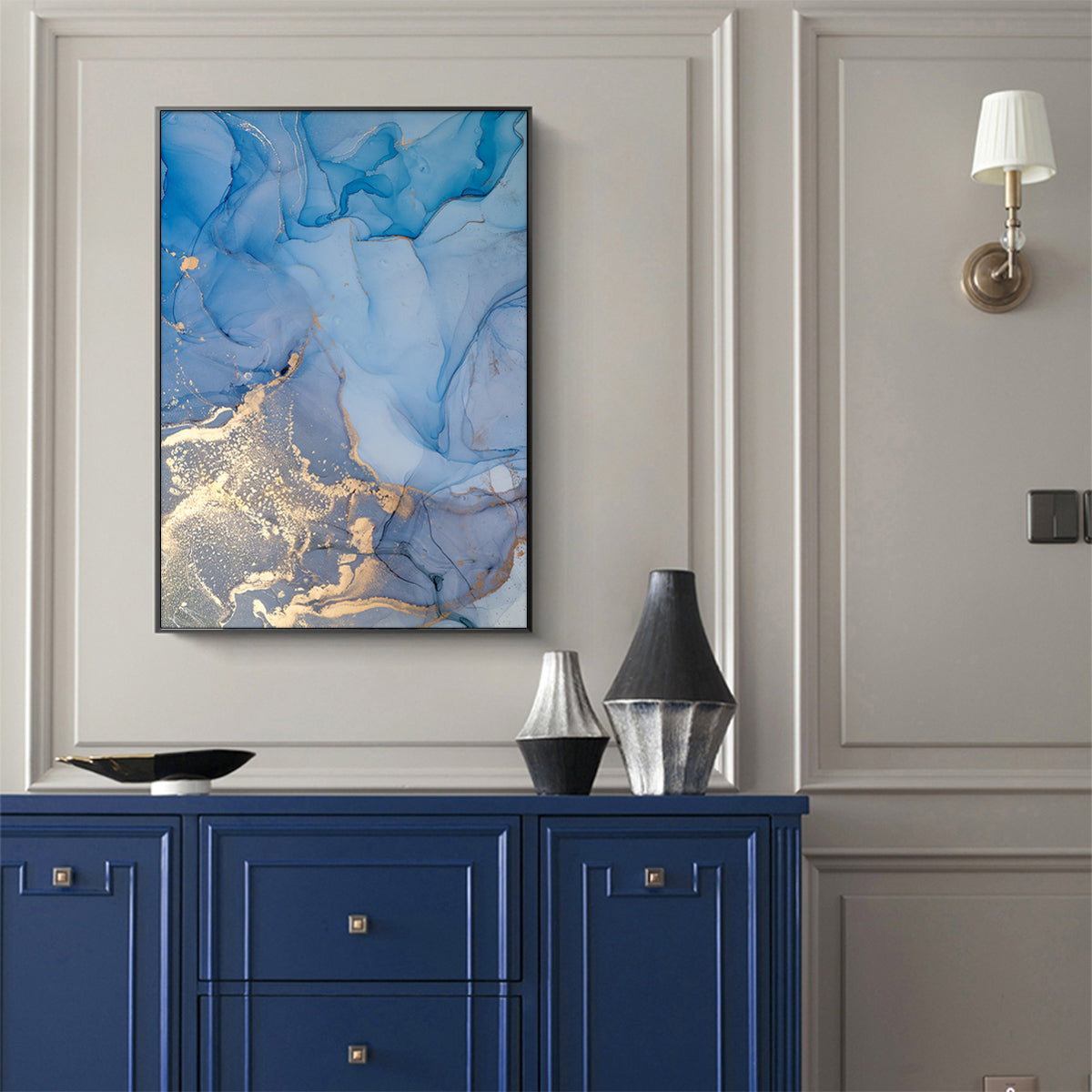 60cmx90cm Light Blue Marble With Gold Splash Black Frame Canvas Wall Art
