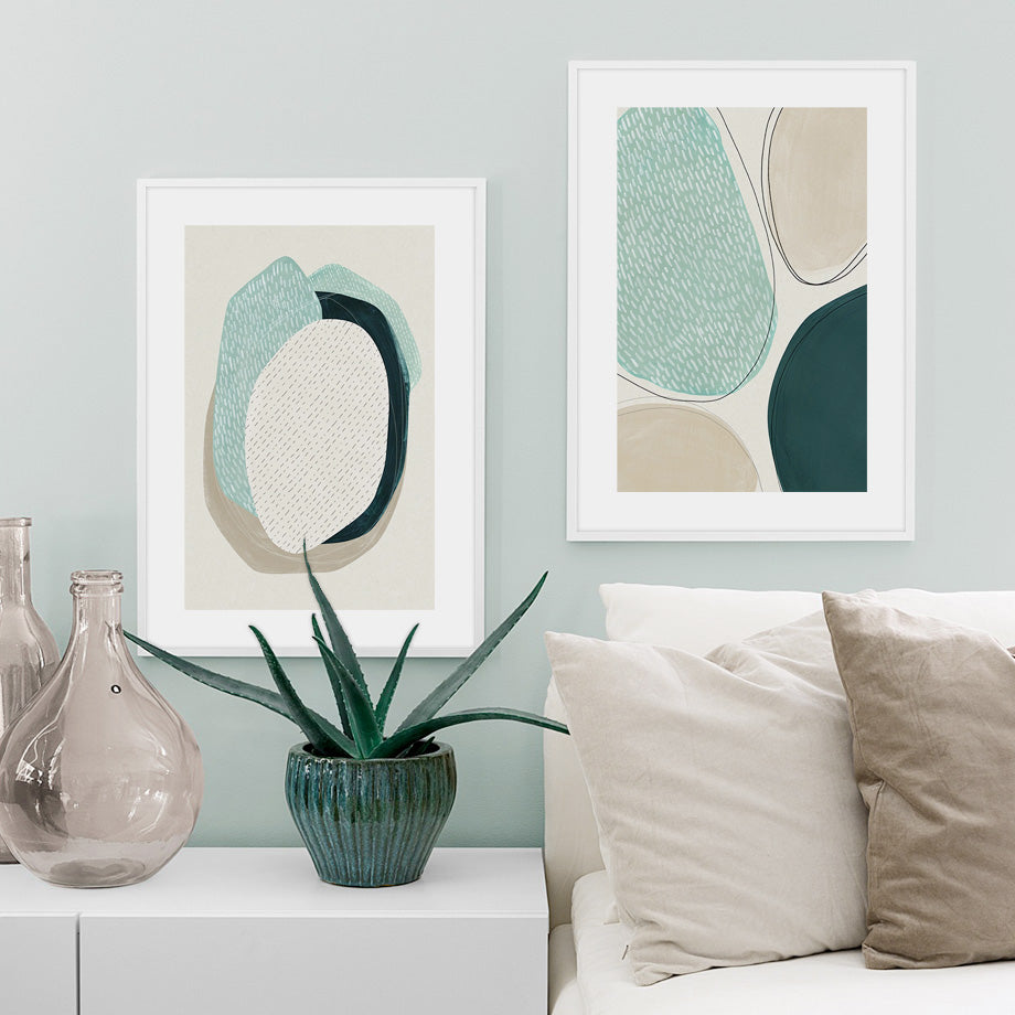 60cmx90cm Abstract Green Circle 2 Sets White Frame Canvas Wall Art