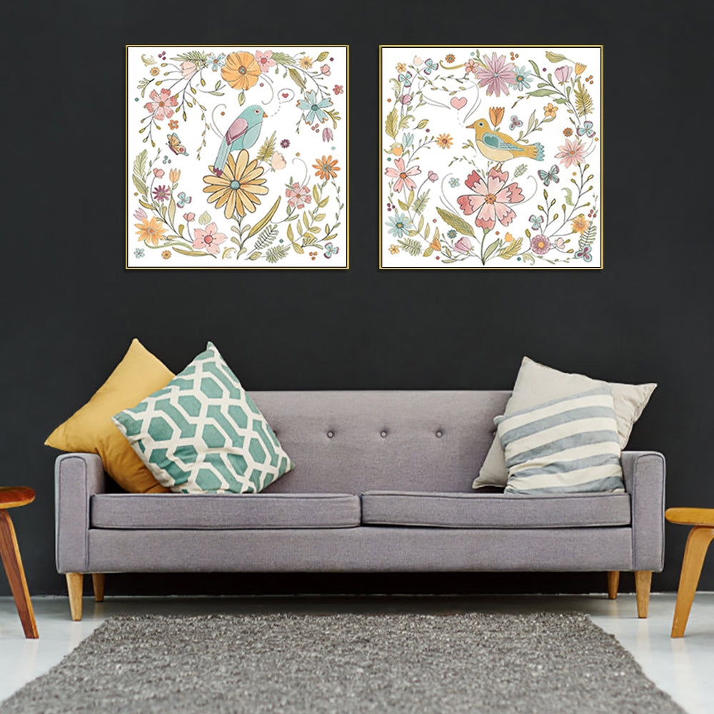 60cmx60cm Floral birds 2 Sets Gold Frame Canvas Wall Art