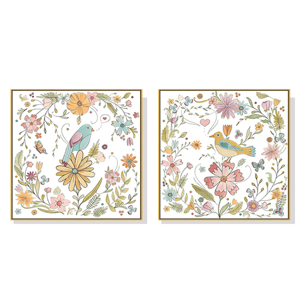 70cmx70cm Floral birds 2 Sets Gold Frame Canvas Wall Art