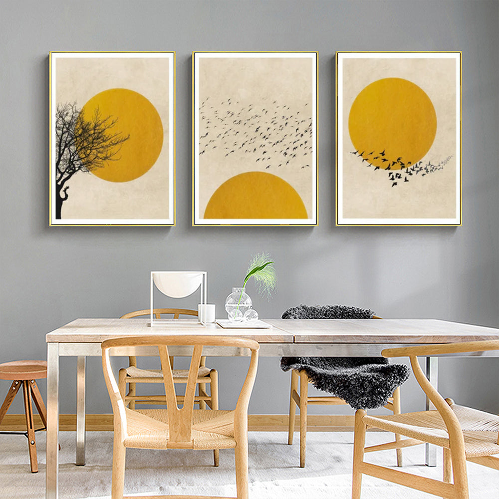 60cmx90cm Flock Of Birds Sun Silhouette 3 Sets Gold Frame Canvas Wall Art