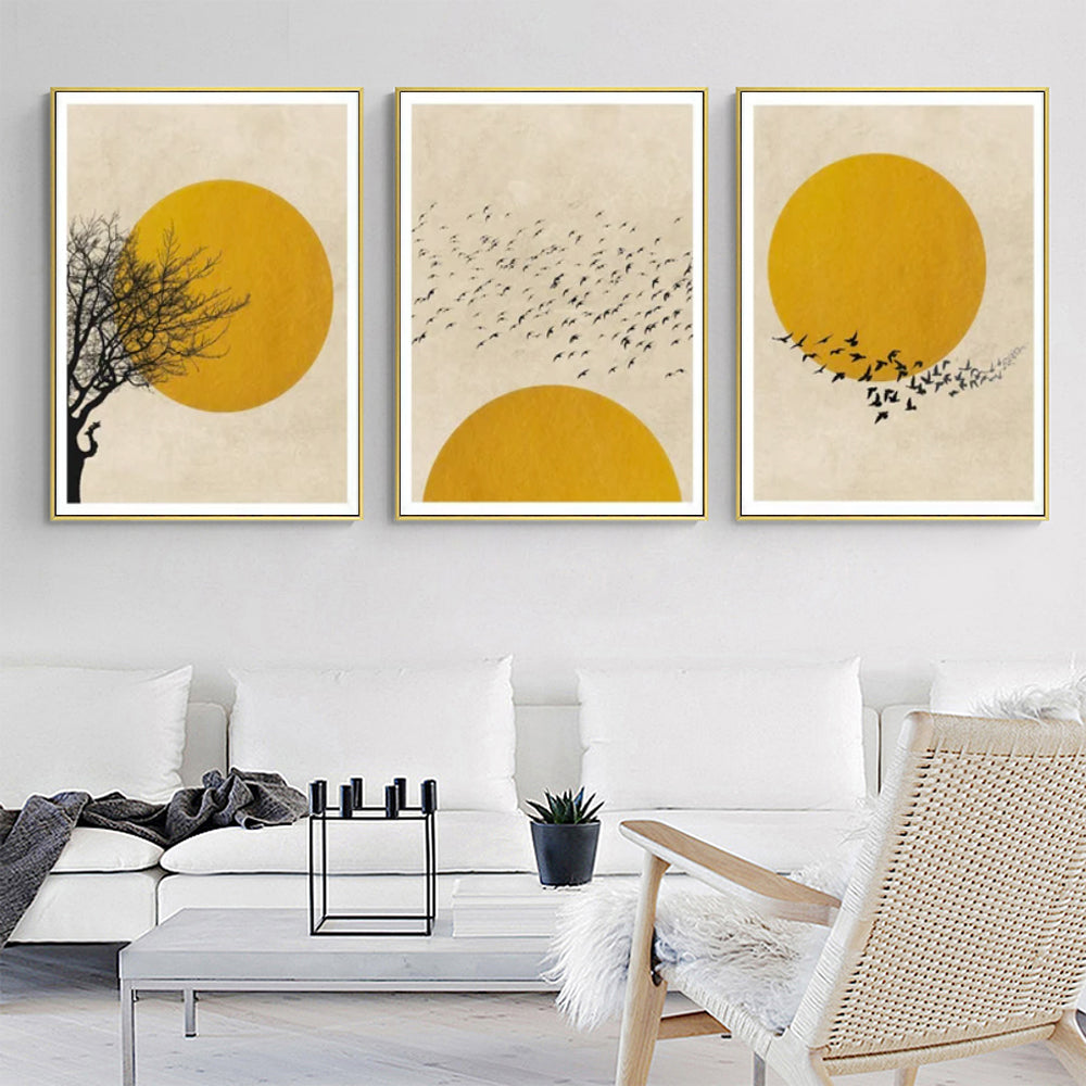 60cmx90cm Flock Of Birds Sun Silhouette 3 Sets Gold Frame Canvas Wall Art