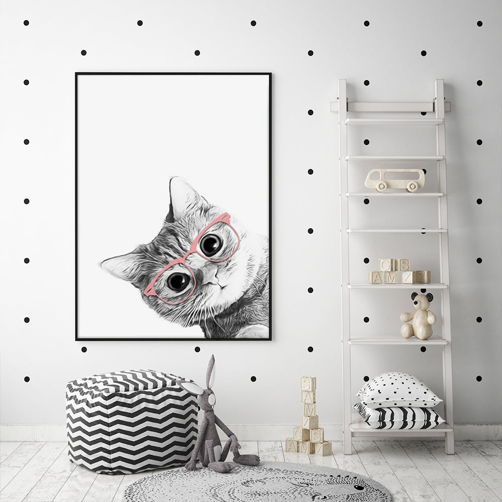 50cmx70cm Cat With Glasses Black Frame Canvas Wall Art