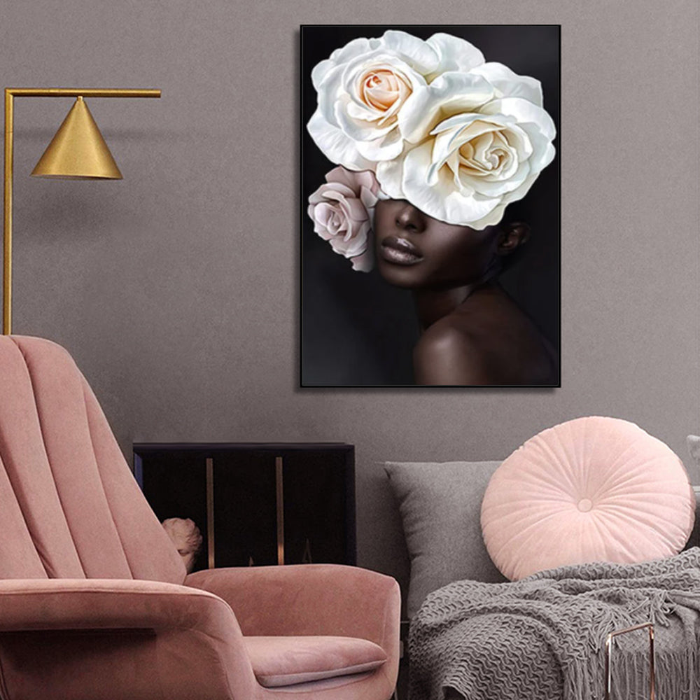 50cmx70cm Flower African Woman Black Frame Canvas Wall Art