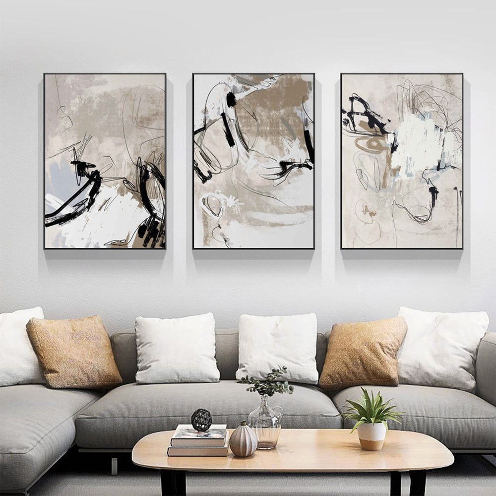 40cmx60cm Modern Abstract Beige 3 Sets Black Frame Canvas Wall Art