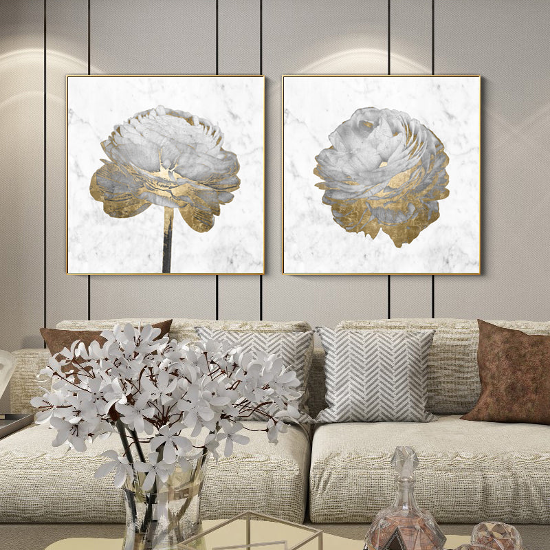 50cmx50cm Gold And White Blossom On White 2 Sets Gold Frame Canvas Wall Art