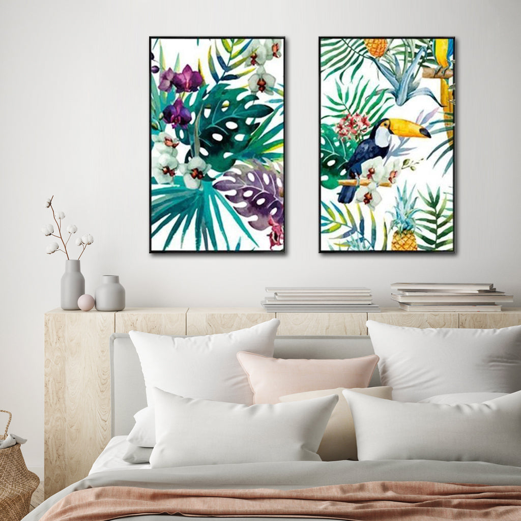 50cmx70cm Toucan and orchid 2 Sets Black Frame Canvas Wall Art