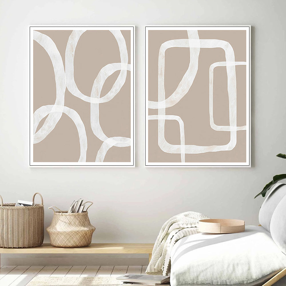 Wall Art 80cmx120cm Abstract White Lines 2 Sets White Frame Canvas