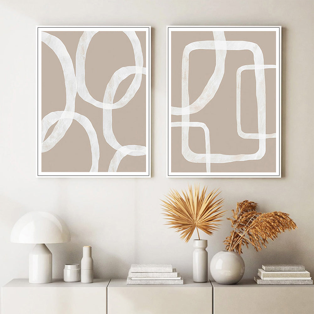 60cmx90cm Abstract White Lines 2 Sets White Frame Canvas Wall Art