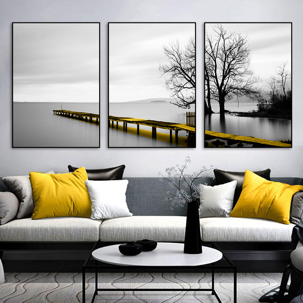 40cmx60cm Calm Lake Bridge Tree Scene 3 Sets Black Frame Canvas Wall Art