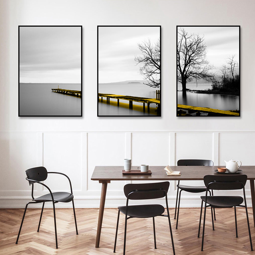60cmx90cm Calm Lake Bridge Tree Scene 3 Sets Black Frame Canvas Wall Art