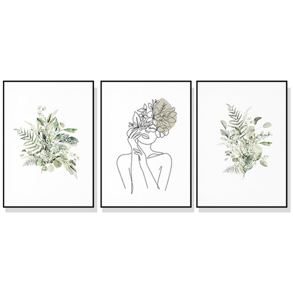 40cmx60cm Botanical Line Girl 3 Sets Black Frame Canvas Wall Art